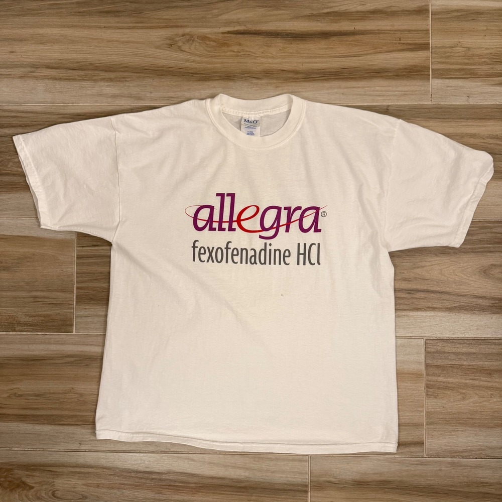 Vintage Allegra Pharmaceutical Promo T-Shirt XL White M&O Knits Pharma Tee